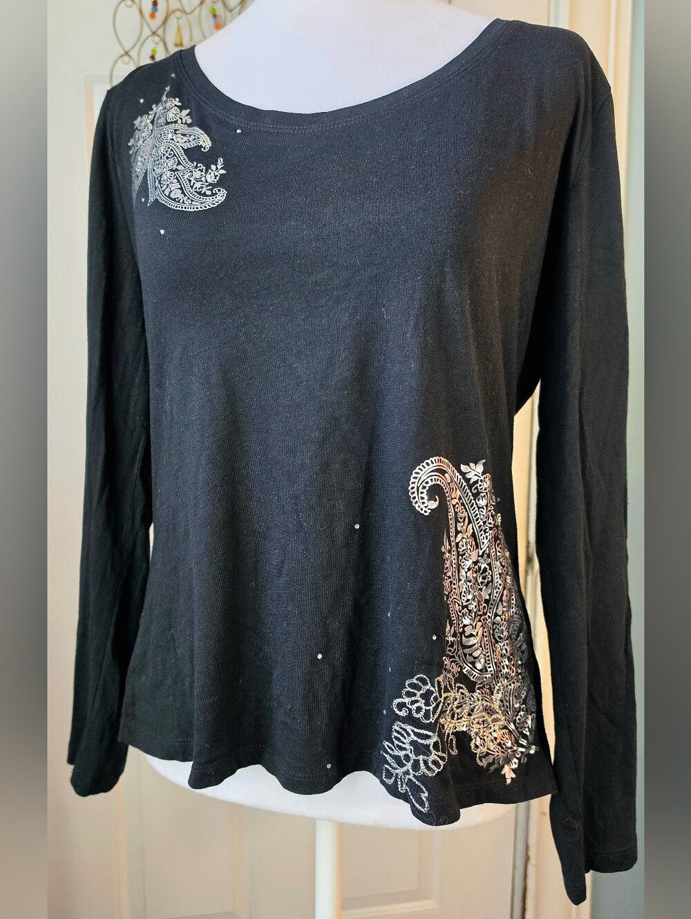 Y2K Vintg NY & Co Dark Fairycore Boho Long-Sleeve Womens L Black Silver Sparkley